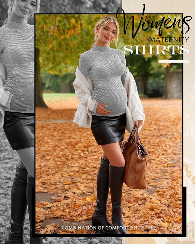 4 Packs Womens Maternity Shirts Long Sleeve Cotton Ribbed Pregnancy Mock Neck - Image 2