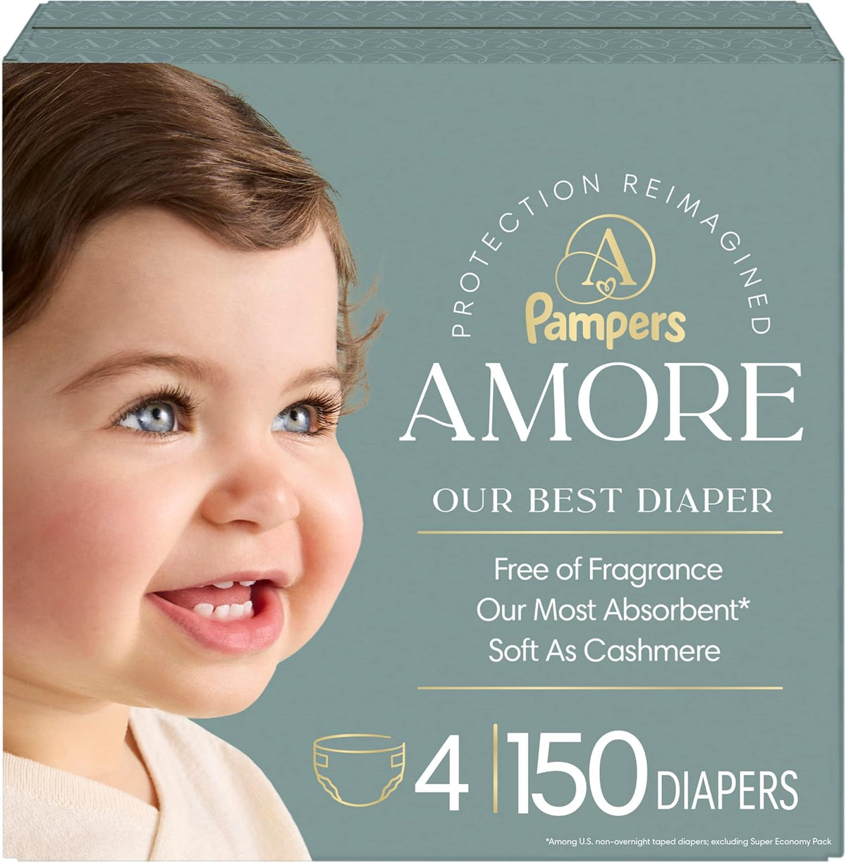 Pampers Amore, Size 4 (15-34 lbs), 150 Count, Our Best Diaper – Hypoallergenic & Fragrance Free, Up to 100% Leakproof, Soft as Cashmere