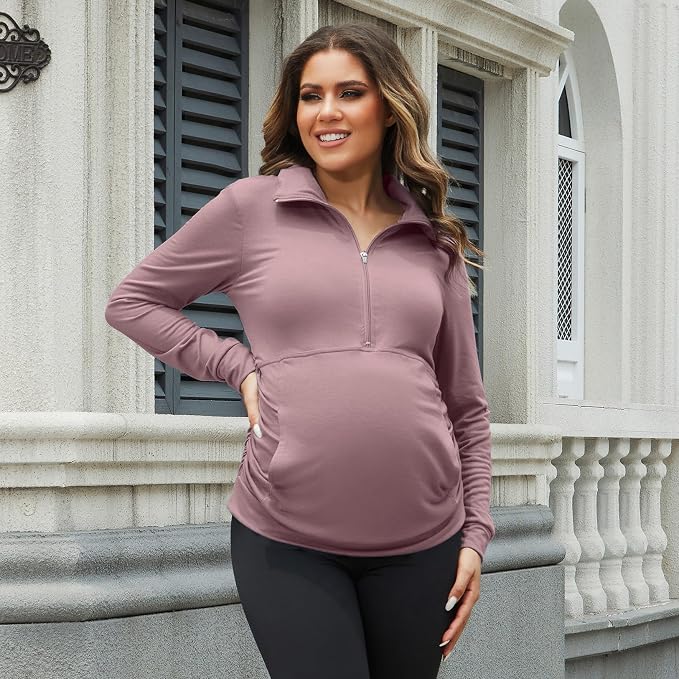 GINKANA Maternity Women's Long Sleeve Shirt Half Zipper Lapel Lightweight - Image 4