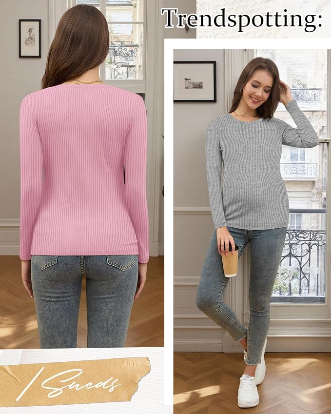 Riyiper 3 Pack Women's Maternity Shirts Long Sleeve Ribbed Knit Pregnancy Tees - Image 4