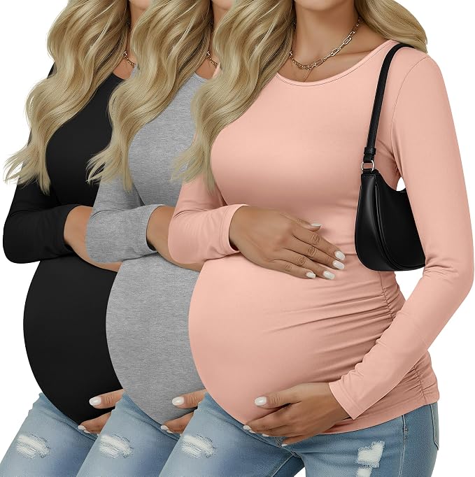Ficerd 3 Pack Women's Maternity Shirts, Long Sleeve Side Ruched Pregnancy Tee by Ficerd
