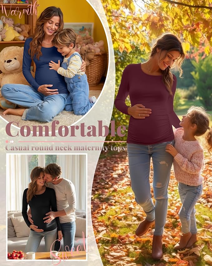 Ficerd 3 Pack Women's Maternity Shirts, Long Sleeve Side Ruched Pregnancy Tee - Image 4