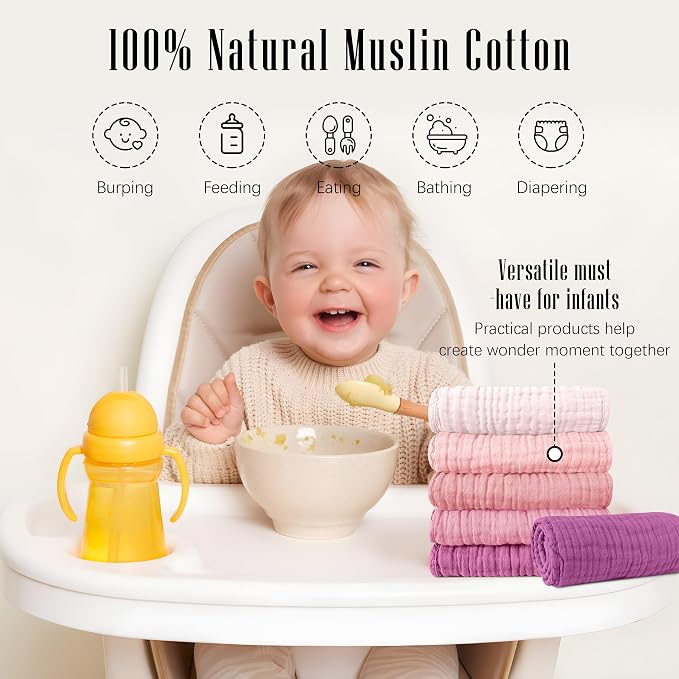 SWEET DOLPHIN 12 Pack Muslin Burp Cloths Large 100% Cotton Burping Clothes - Image 6