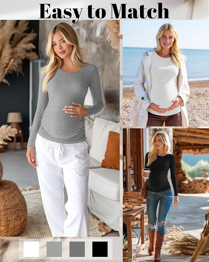 Huukeay 4 Pack Women's Maternity Shirts, Long Sleeve Cotton Ribbed Pregnancy - Image 4