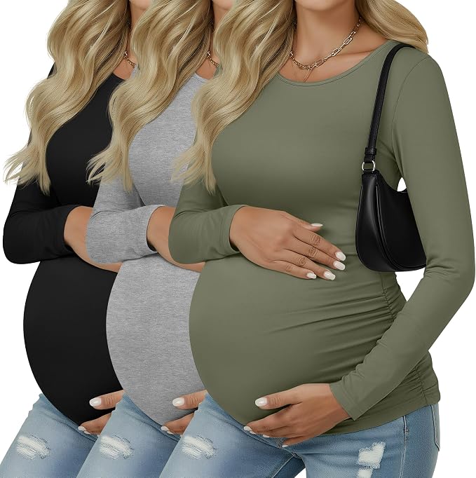 Ficerd 3 Pack Women's Maternity Shirts, Long Sleeve Side Ruched Pregnancy Tee by Ficerd