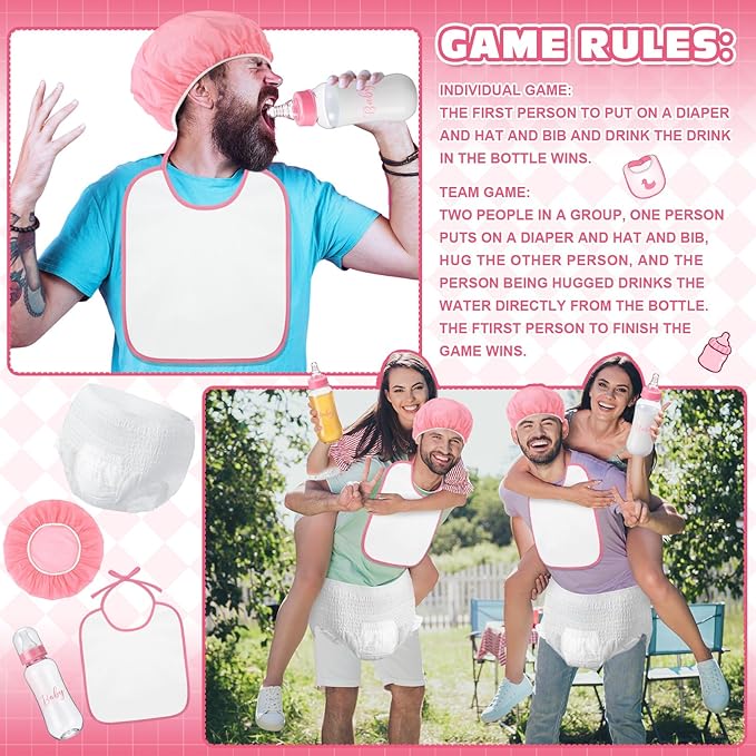 6 Sets Bottle Chug Baby Shower Games Juegos Para Plastic Baby Bottles Bibs Hat - Image 5