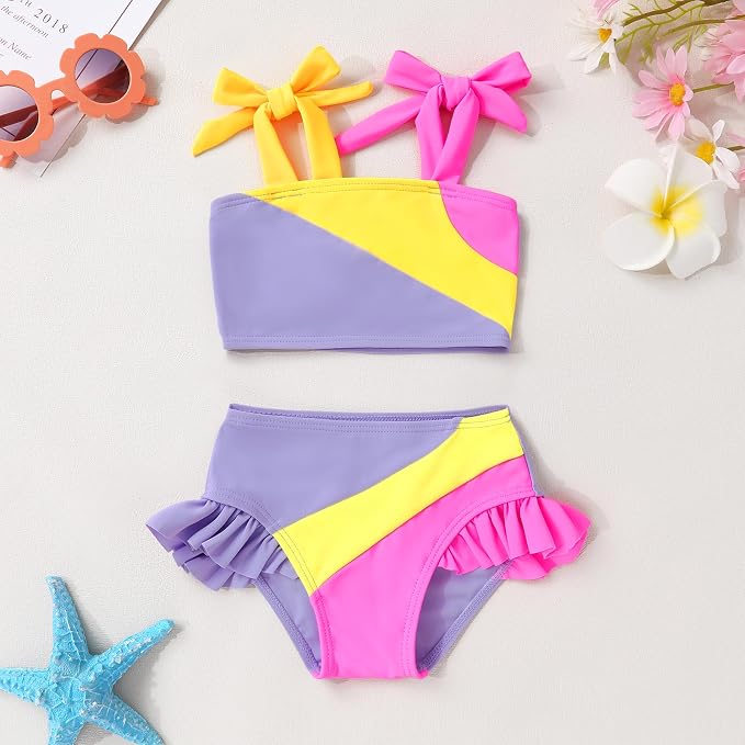 YOUNGER TREE Toddler Girls Two Pieces Swimsuit Color Block Stripe Swimwear - Image 2