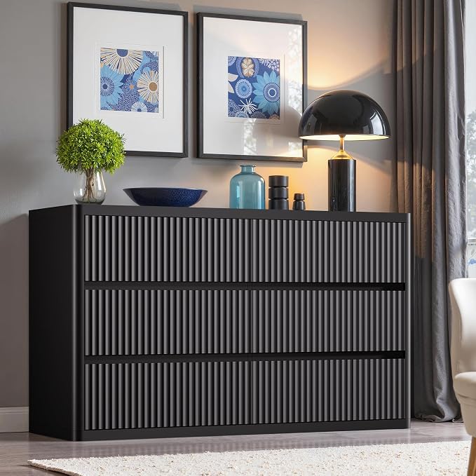 Black Dresser for Bedroom with 6 Double Drawers, Modern Fluted Dresser TV Stand by StandifurnoFurniture
