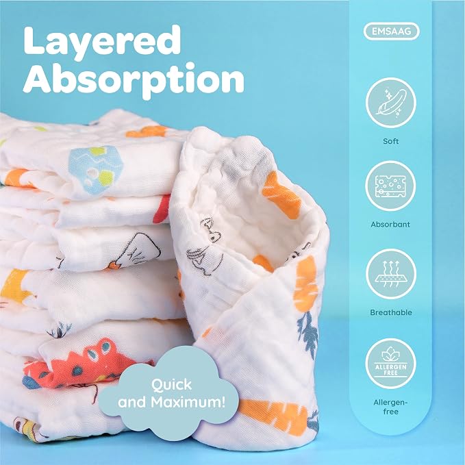 Muslin Baby Washcloths Pack of 7-Gift Boxed Mixed Patten, Absorbent Baby Bath - Image 3