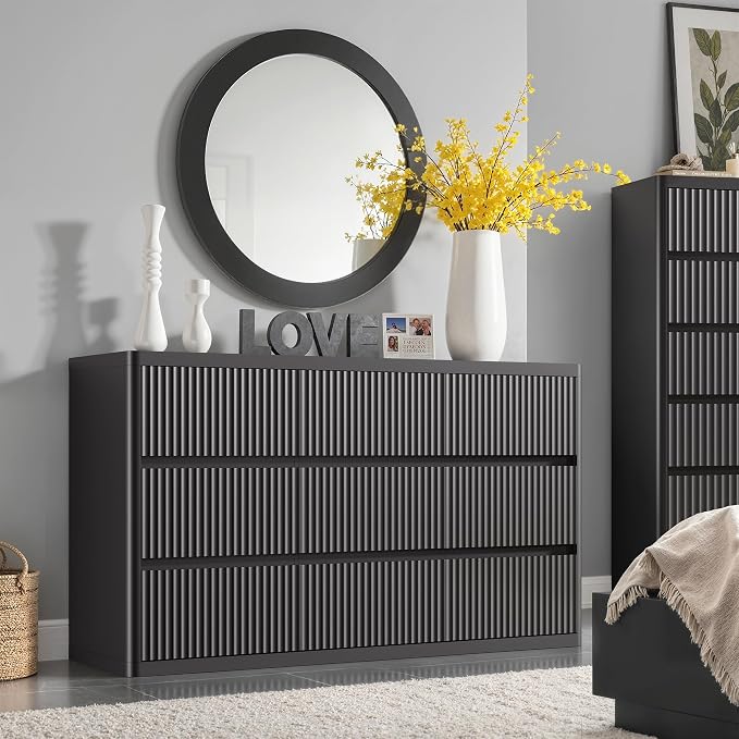 Black 9 Drawers Dressers for Bedroom, Curved Profile, Modern Flute Dresser TV - Image 7