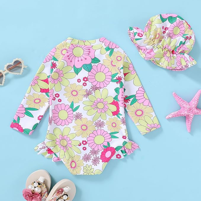Infant Baby Girl Swimsuit One-Piece Long Sleeve Rash Guard - Image 3