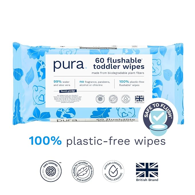 Pura Flushable Toddler Wipes 1 x 60 Wipes, 100% Plastic Free, 99% Water - Image 2