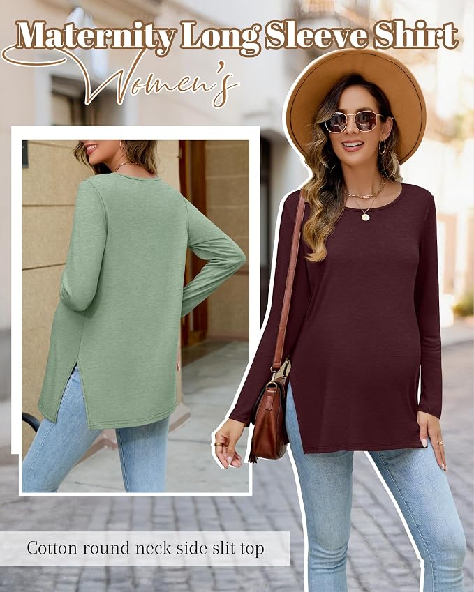 Riyiper 3 Pack Women's Maternity Long Sleeve T-Shirts Round Neck Side Split - Image 5