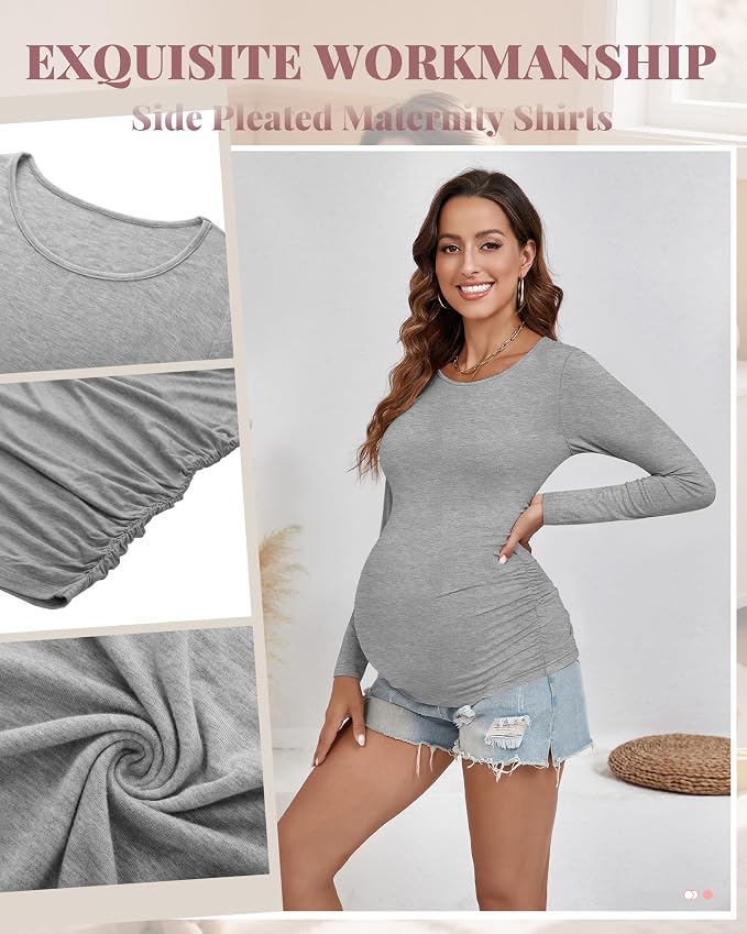 Ficerd 3 Pack Women's Maternity Shirts, Long Sleeve Side Ruched Pregnancy Tee - Image 6