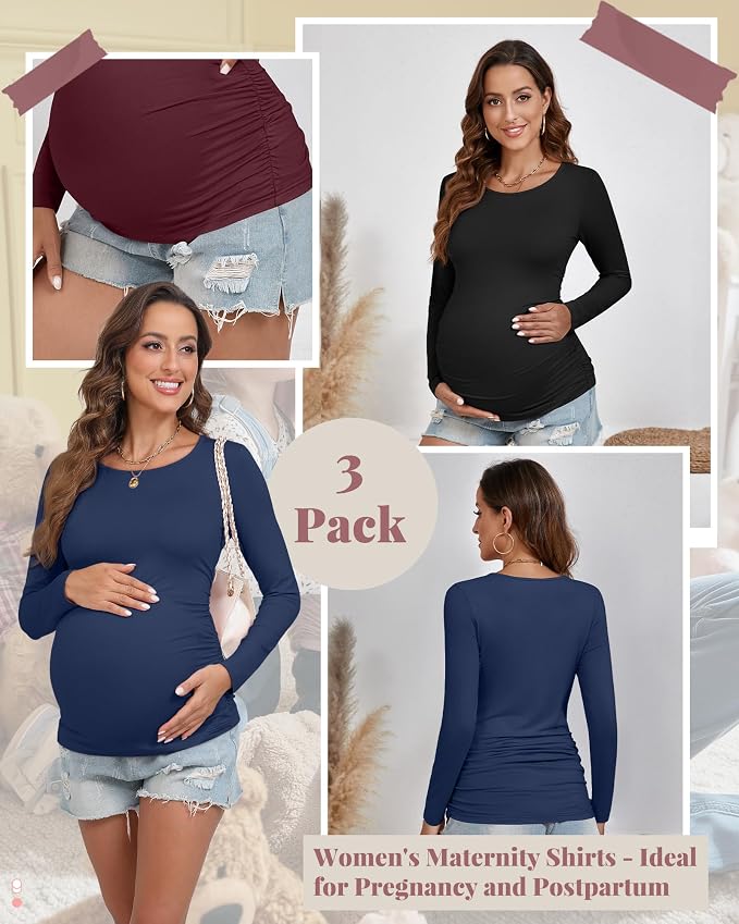 Ficerd 3 Pack Women's Maternity Shirts, Long Sleeve Side Ruched Pregnancy Tee - Image 3