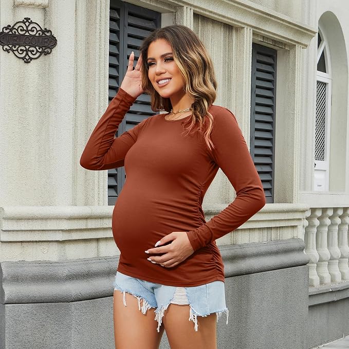 Bhome Women's Maternity Shirts 3 Packs Long Sleeve Pregnancy Tops Basic Side - Image 3