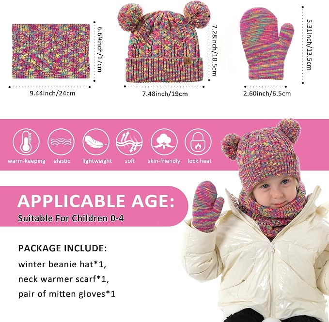 Kids Toddlers Winter Beanie Hats Gloves Neck Scarf Set Mittens Gifts - Image 5