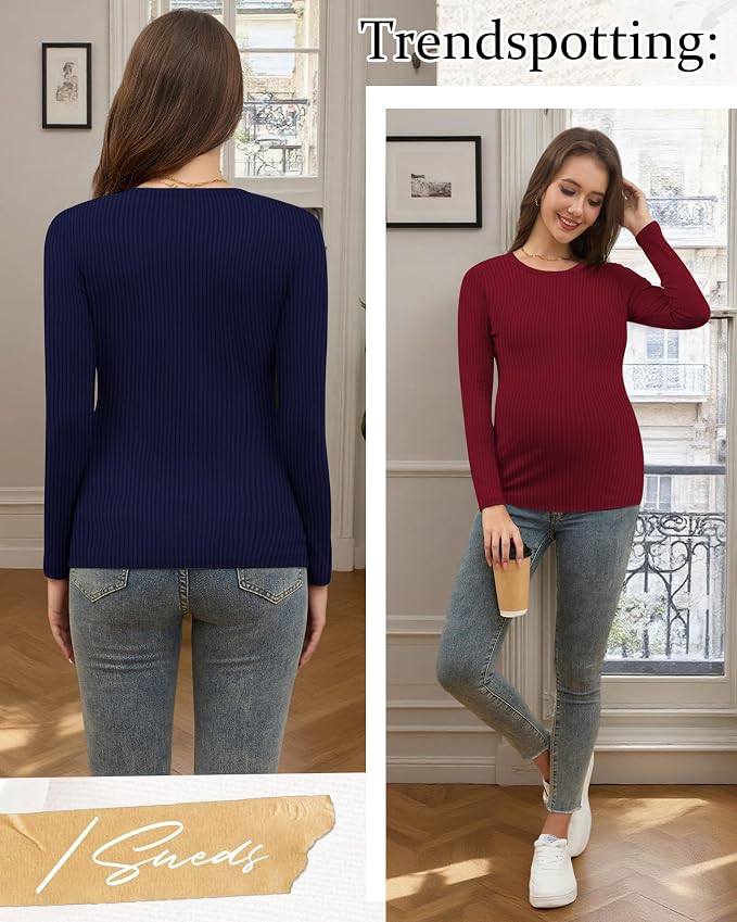 Riyiper 3 Pack Women's Maternity Shirts Long Sleeve Ribbed Knit Pregnancy Tees - Image 4