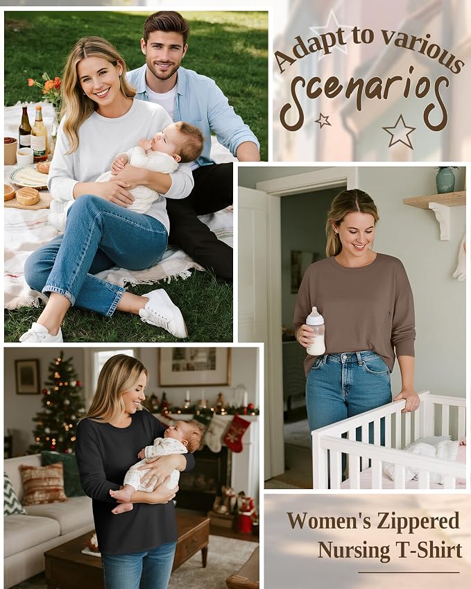 3 Pack Women's Nursing Breastfeeding Tops, Long Sleeve Maternity Shirts - Image 2