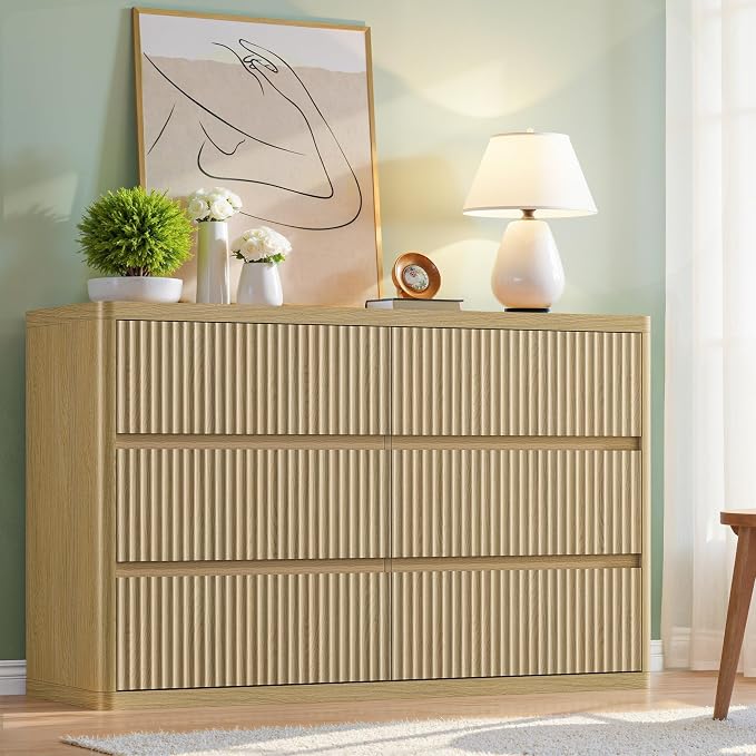 Natural 6 Drawers Dresser for Bedroom, Handleless, Modern Fluted Dresser TV - Image 4