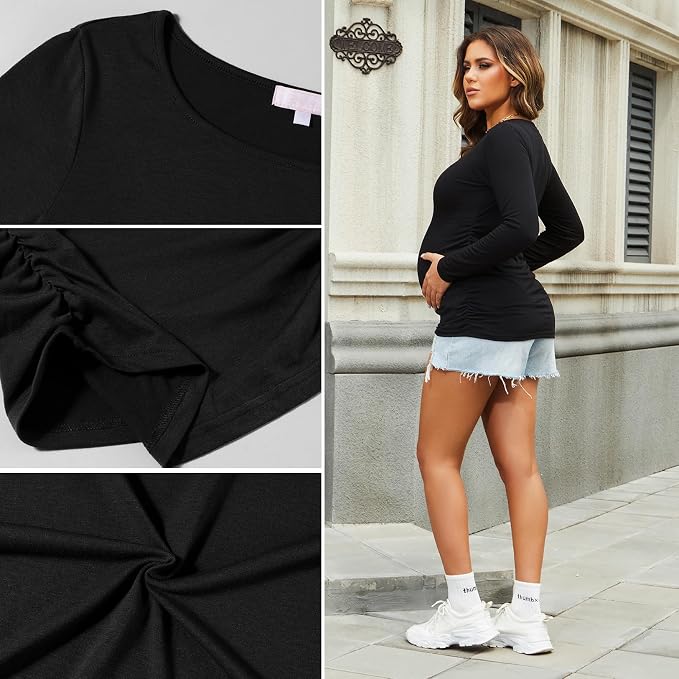 Bhome Women's Maternity Shirts 3 Packs Long Sleeve Pregnancy Tops Basic Side - Image 5