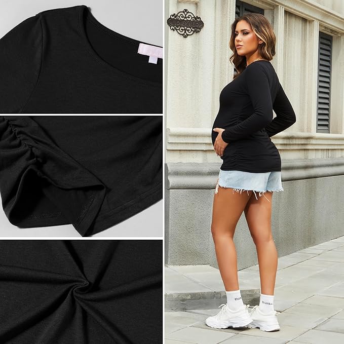 Bhome Women's Maternity Shirts 3 Packs Long Sleeve Pregnancy Tops Basic Side - Image 5