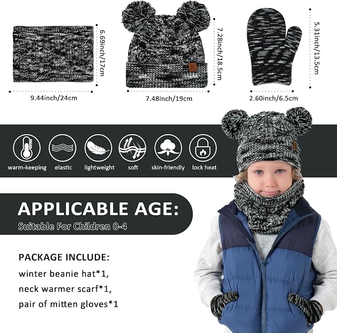 Kids Toddlers Winter Beanie Hats Gloves Neck Scarf Set Mittens Gifts - Image 5