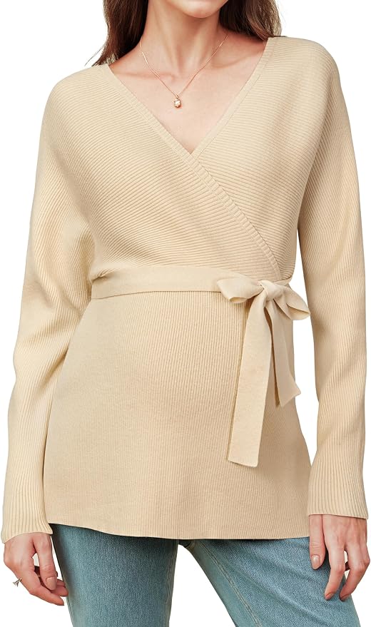 OUGES Womens Soft Cotton Blend Maternity Sweater Wrap V Neck Long Sleeve V Back by OUGES