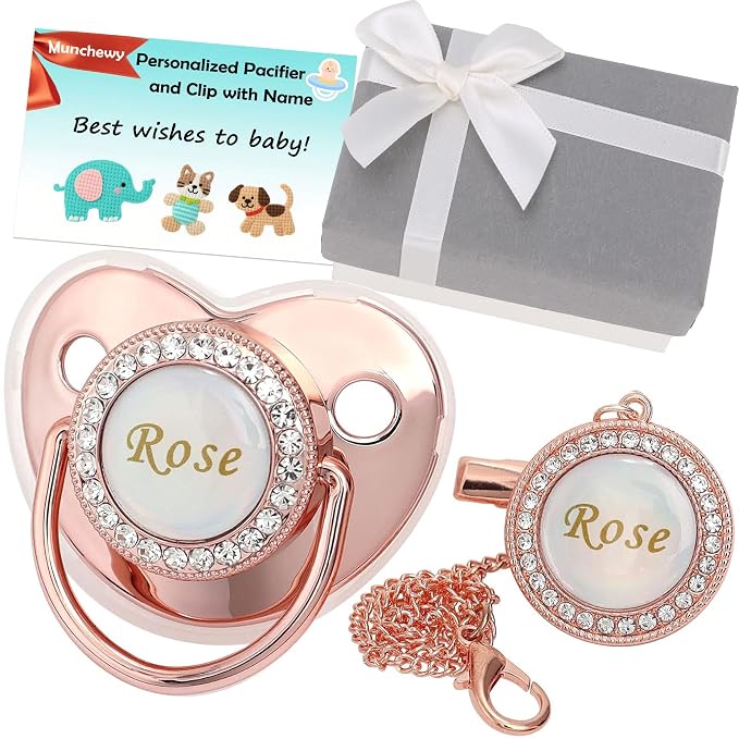 Personalized Pacifier with Name, Bling Pacifier Clip Set with Gift Box Greeting by Munchewy