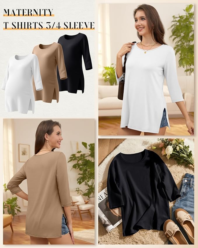 3 Pack Women's 3/4 Sleeve Maternity Shirts Elbow Length Clothes Round Neck - Image 3