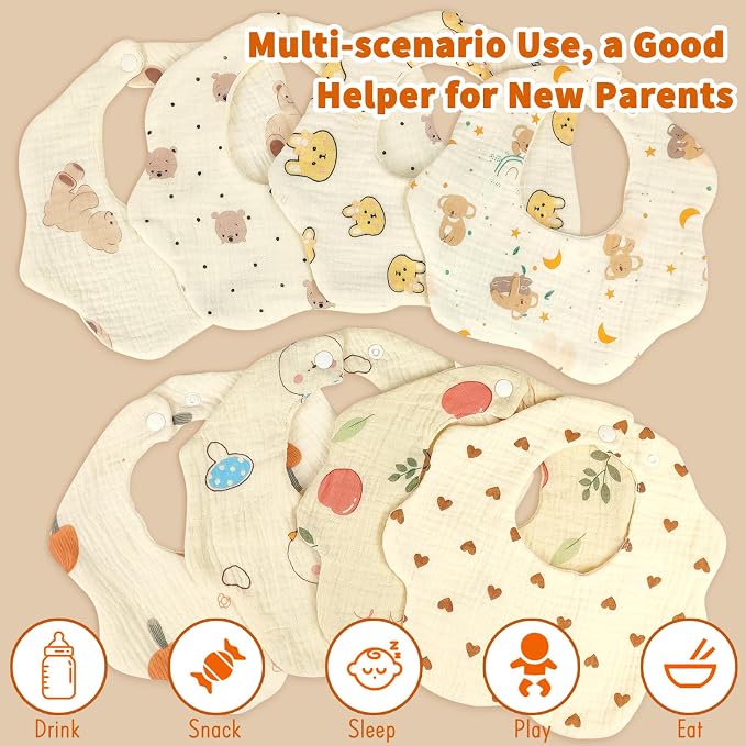 EllieHouse Baby Bibs for Girls Boys 8 Pack Muslin Drool Teeth Drooling Teething - Image 4