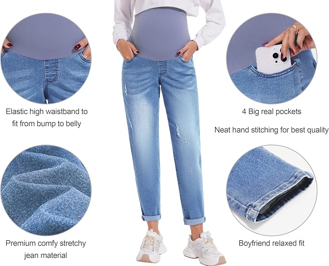 POSHGLAM Women's Maternity Jeans Over Belly Comfy Stretch 28'' Boyfriend Jeans - Image 2