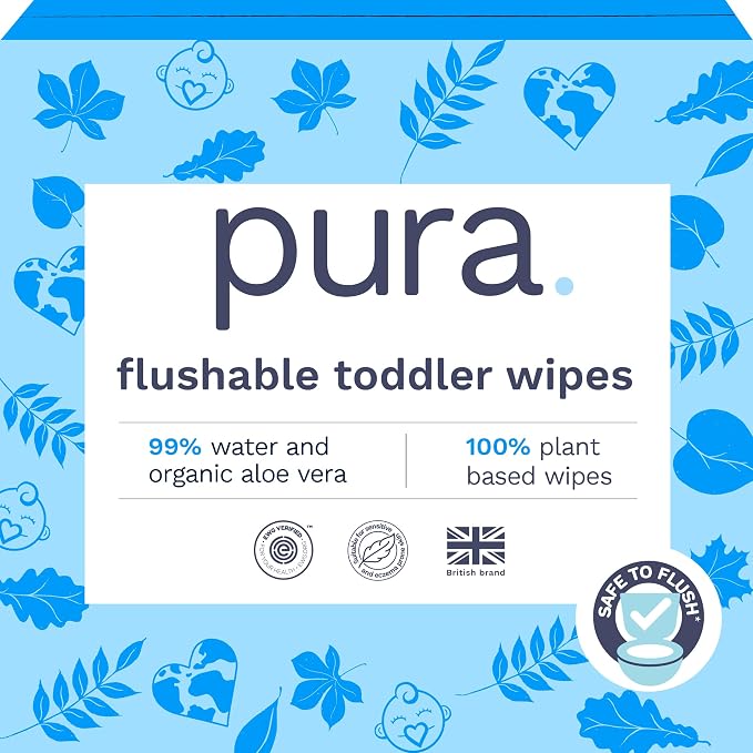 Pura Flushable Toddler Wipes 10 x 60 Wipes, 100% Plastic Free, 99% Water by MyPura
