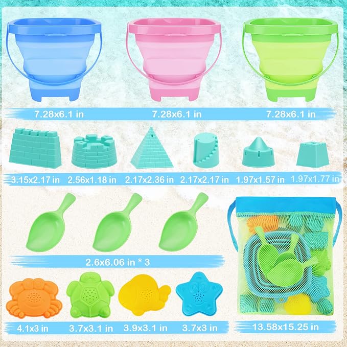 Collapsible Beach Toys for Kids, 3 Pack Foldable Sand Buckets and Shovels Set - Image 7