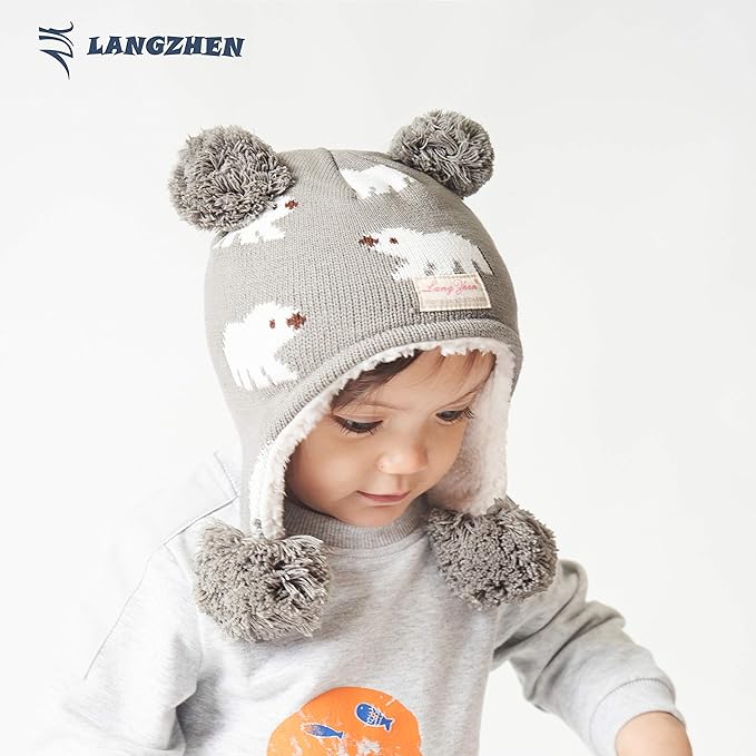 LANGZHEN Toddler Kids Infant Winter Hat, Earflap Knit Warm Cap Fleece Lined - Image 3