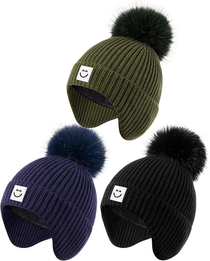 3 Pack Baby Winter Hats with Earflaps, 2 Size Kids Pom Pom Beanie by Alepo