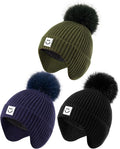 3 Pack Baby Winter Hats with Earflaps, 2 Size Kids Pom Pom Beanie by Alepo
