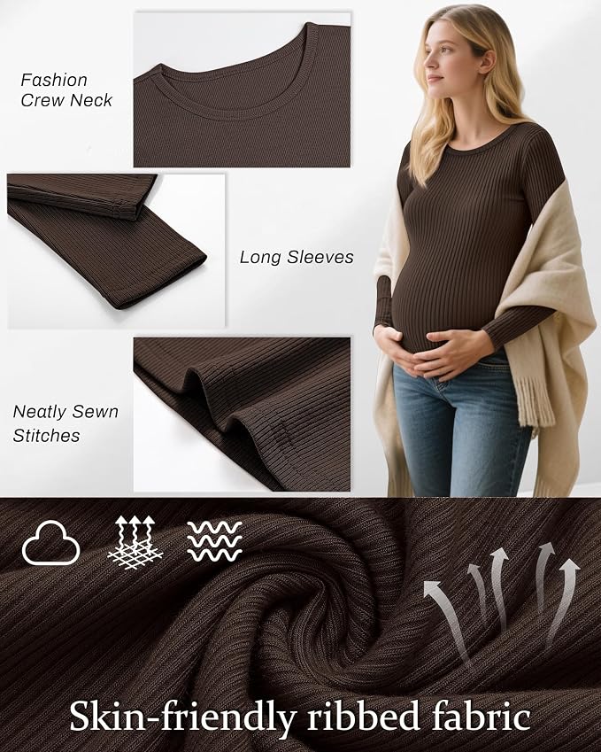 Riyiper 3 Pack Women's Maternity Shirts Long Sleeve Ribbed Knit Pregnancy Tees - Image 3