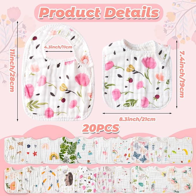 Zainpe 20Pcs Snap Muslin Cotton Baby Bibs Soft Absorbent Adjustable Burp Cloths - Image 2