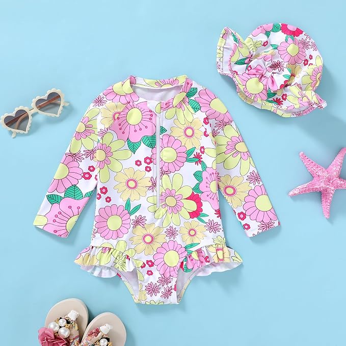 Infant Baby Girl Swimsuit One-Piece Long Sleeve Rash Guard - Image 2