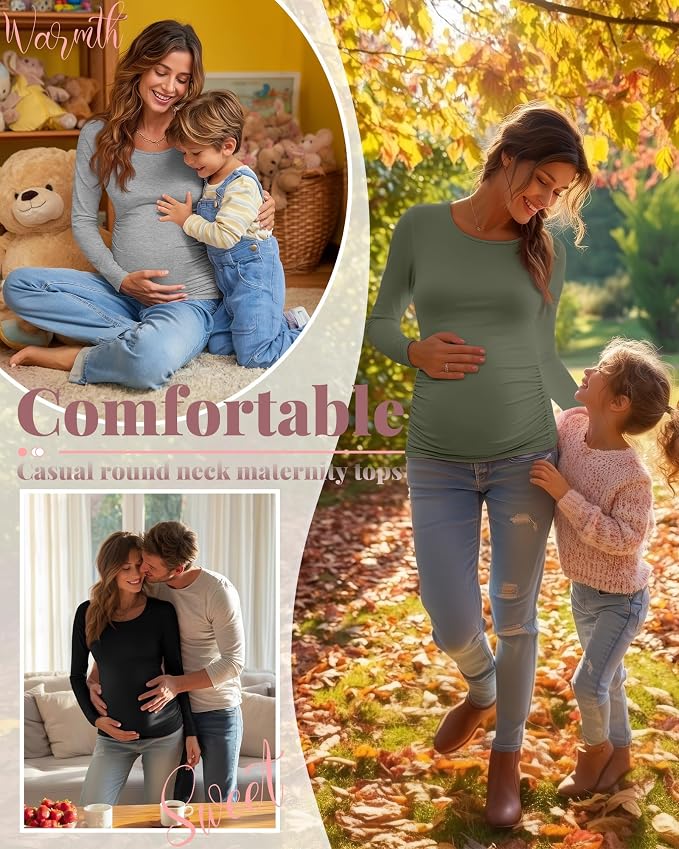 Ficerd 3 Pack Women's Maternity Shirts, Long Sleeve Side Ruched Pregnancy Tee - Image 4