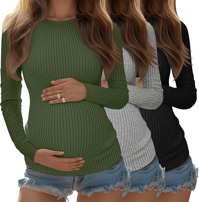 Riyiper 3 Pack Women's Maternity Shirts Long Sleeve Ribbed Knit Pregnancy Tees by Riyiper