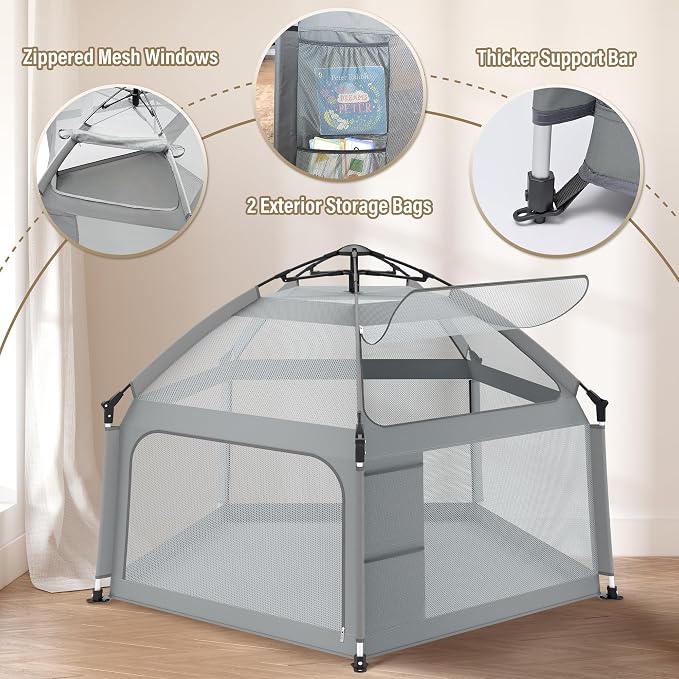 Portable Baby Playpen with Inflatable Mattress & Sunshade, Outdoor Baby Playpen - Image 5