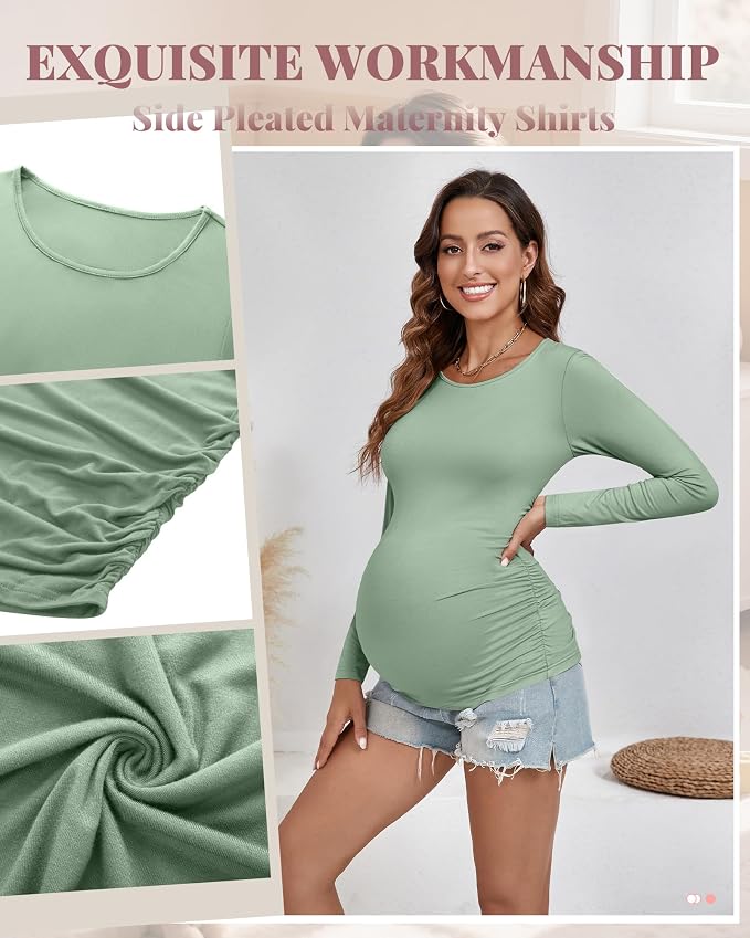 Ficerd 3 Pack Women's Maternity Shirts, Long Sleeve Side Ruched Pregnancy Tee - Image 6