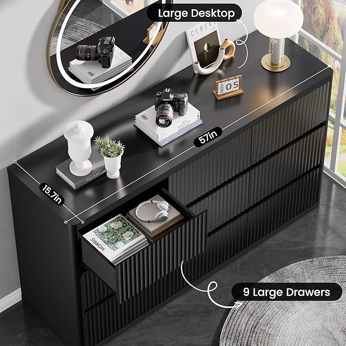Black 9 Drawers Dressers for Bedroom, Curved Profile, Modern Flute Dresser TV - Image 5