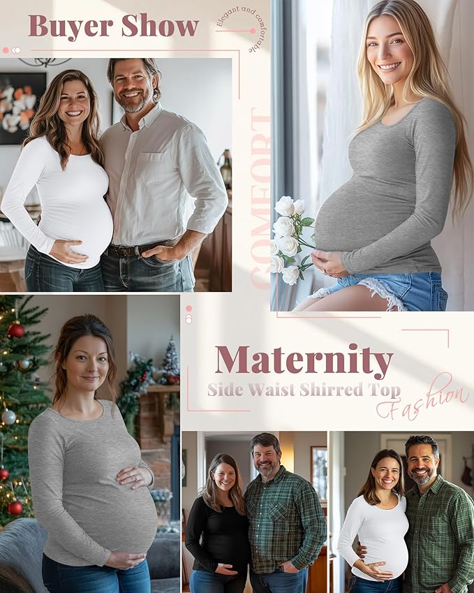 Ficerd 3 Pack Women's Maternity Shirts, Long Sleeve Side Ruched Pregnancy Tee - Image 2