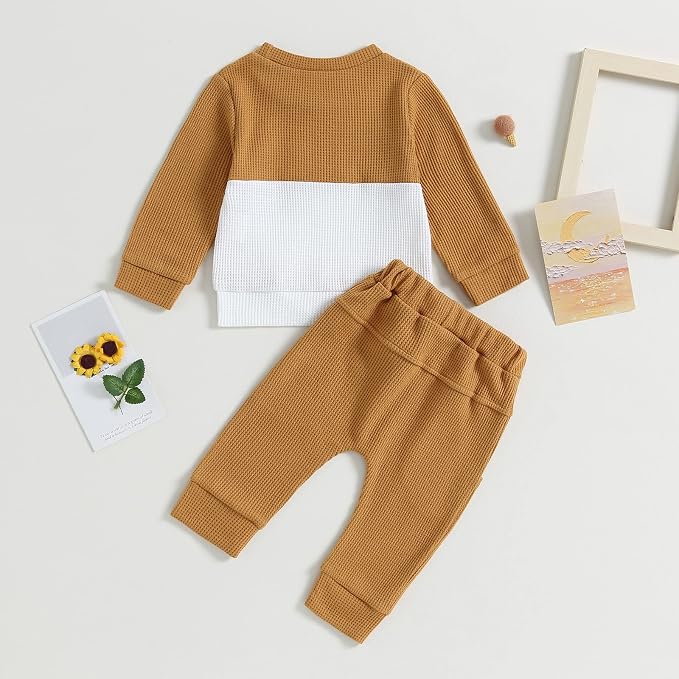 Toddler Baby Boy Fall Clothes Waffle Contrast Color Sweatshirt Pants Sets - Image 4