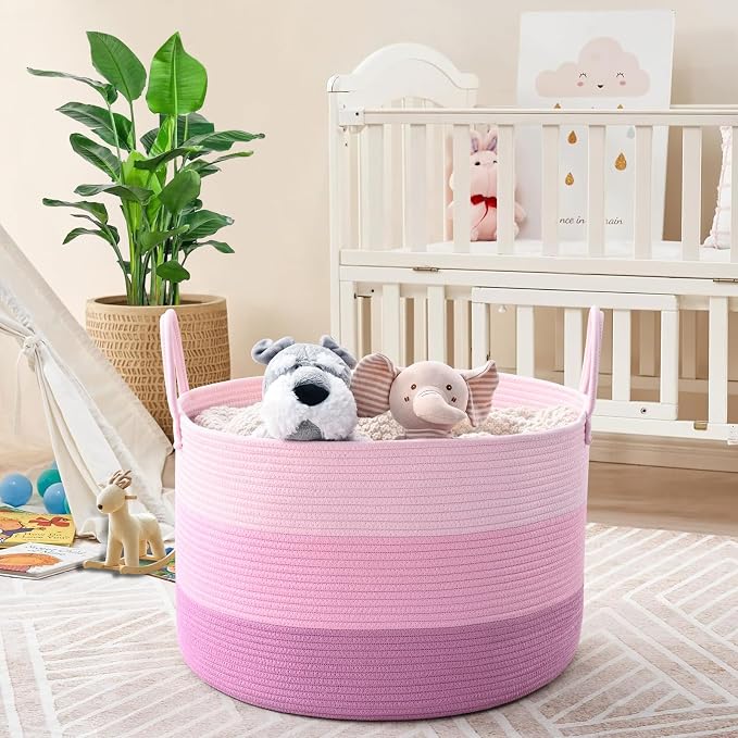 67L Rainbow Storage Basket for Organizing, Cotton Rope Woven Blanket Basket - Image 2