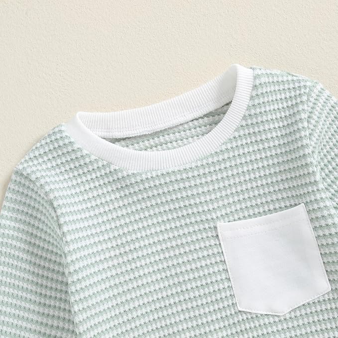 Toddler Baby Boy Fall Clothes Waffle Outfit Long Sleeve Color Blocking - Image 2