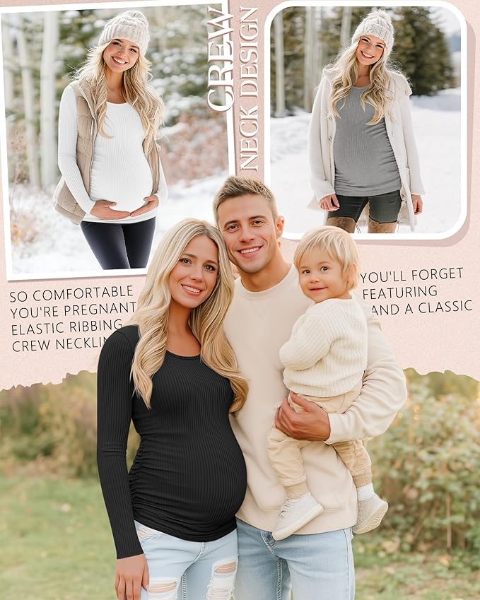 Riyiper 4 Pack Women's Maternity Shirts, Long Sleeve Cotton Ribbed Pregnancy - Image 4